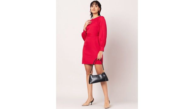 FabAlley Pink Cuffed Sleeves Sheath Dress With Belt