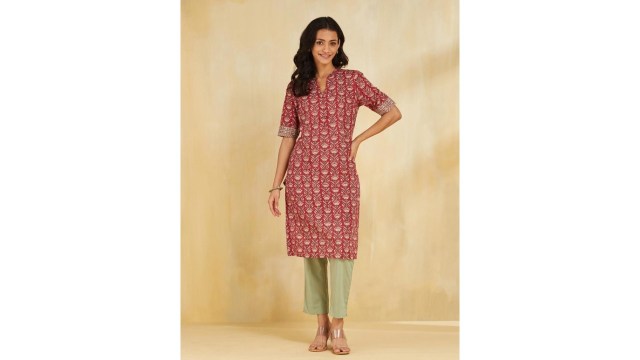 FabindiaEthnic Motifs Printed Mandarin Collar Straight Cotton Kurta