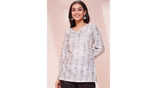 FabindiaFloral Printed Notch Neck Cotton Silk Straight Short Kurta