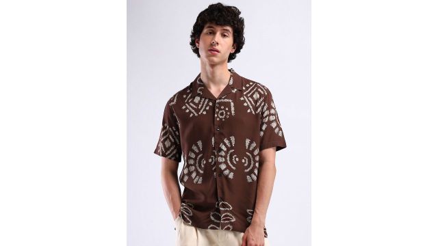 Flying Machine Cuban Collar Cotton Shirt (Brown Floral)