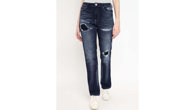 GUESS Women Straight Fit High-Rise Highly Distressed Heavy Fade Jeans