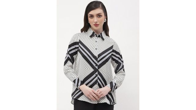 Geometric Printed Long Sleeves Casual Shirt (Black/White)