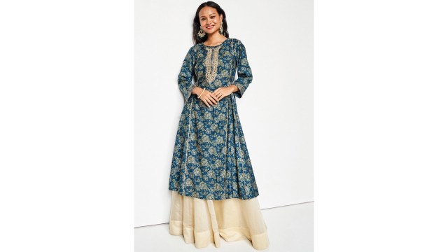 Global DesiEthnic Motifs Printed Mirror Work Pleated Anarkali Kurta