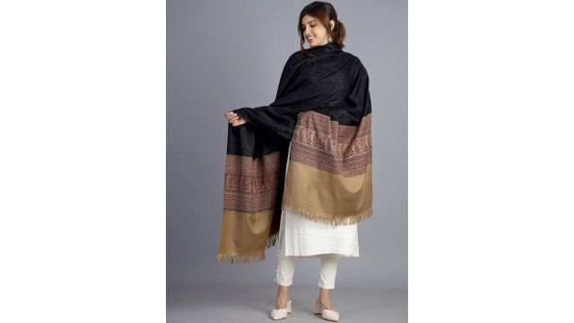 HANDICRAFT PALACE Women Black Hand Woven Design Jamwar Paisley Wool Shawl