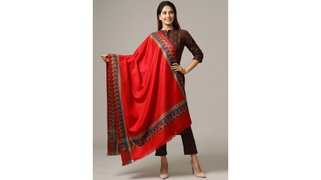 HANDICRAFT PALACE Women Red Hand Woven Design Jamwar Paisley Wool Shawl