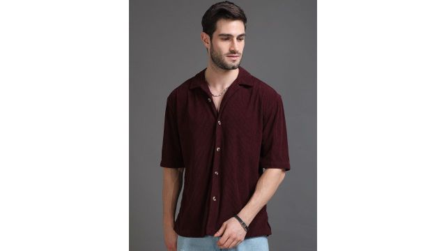 HERE&NOW Self‑Design Corduroy Weave Oversized Shirt (Burgundy)