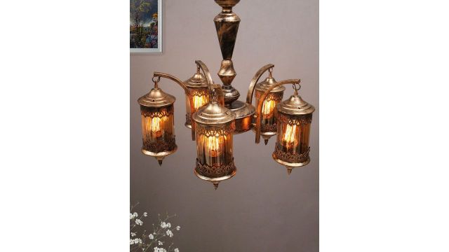 Homesake Gold-Toned 5-Light Vintage Glass & Metal Jhoomar Ceiling Lamp