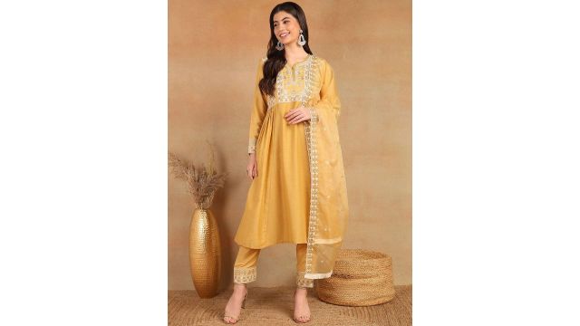 House of Pataudi Embroidered A-Line Kurta Set