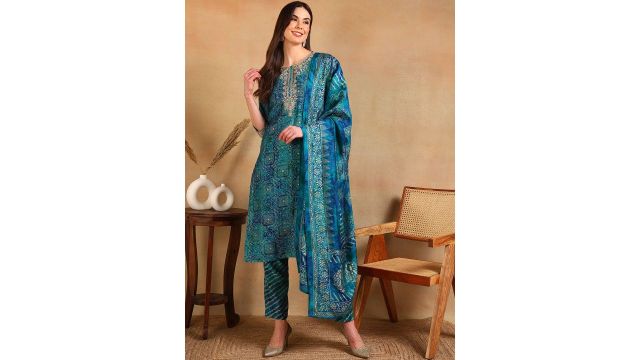 KALINI Ethnic Motifs Printed Thread Work Straight Kurta With Trouser & Dupatta