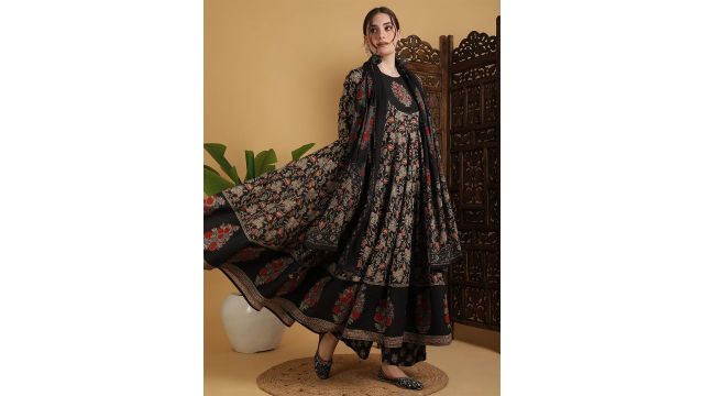 KIMAYRA Floral Printed Anarkali Pure Cotton Kurta With Palazzos And Dupatta