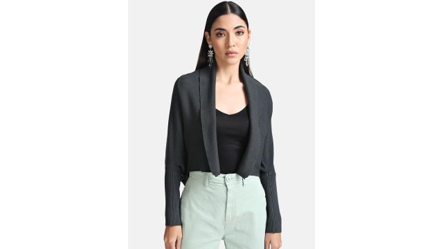 Kazo Women Black Acrylic Lightweight Crop Open Front Jacket