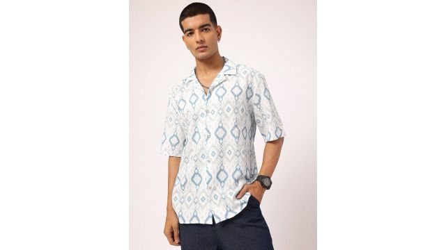 Kook N Keech Textured Luxe Seersucker Geometric Shirt (White/Blue, Cuban Collar)