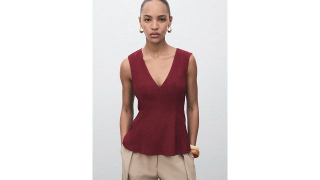 MANGO Plunge Neck Pleated Detail A-Line Top