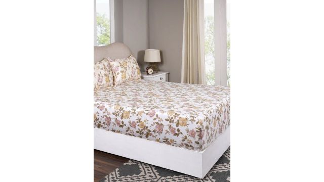 MASPAR Pink Floral Pure Cotton 300 TC Fitted Queen Bedsheet