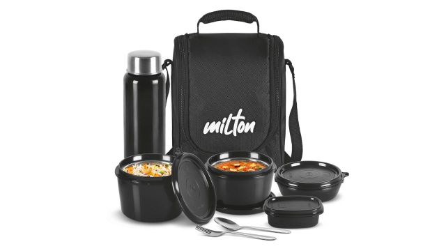 MILTON Pro Lunch Box with Steel Cutlery, 3 Microwave Safe Inner Steel Containers (Black)