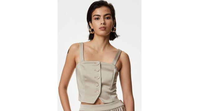 Marks & Spencer Satin Tailored Cropped Waistcoat (Beige)