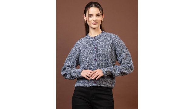 Mast & Harbour Women Band Collar Long Sleeves Cardigan (Grey)