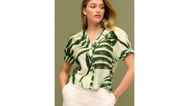 NEXT Collarless Tropical Printed Casual Shirt (Green)