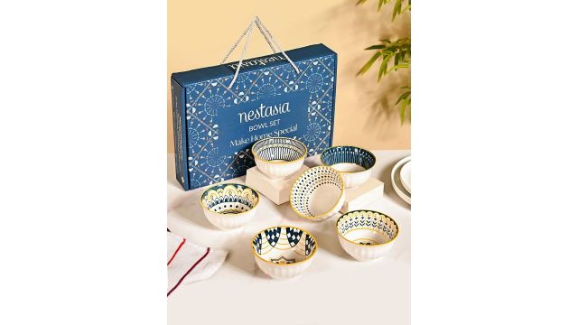 Nestasia White & Blue 6 Pieces Printed Ceramic Glossy Microwave Safe Bowls - 280ml Each