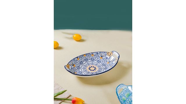 Nestasia White & Navy Blue Mandala Printed Ceramic Serving Tray With Handle