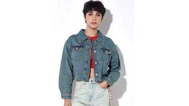 ONLY Women Spread Collar Washed Solid Casual Denim Jacket