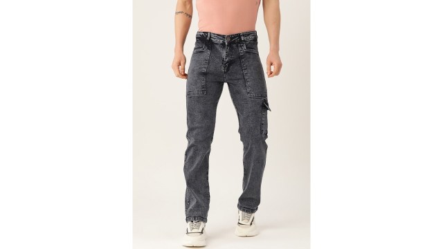 PARIS HAMILTONMen Relaxed Fit Heavy Fade Acid Wash Stretchable Cargo Jeans