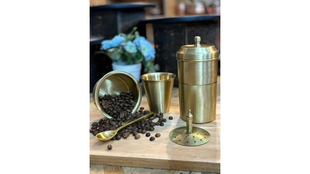 PURI Brass South Indian Styled Coffee Filter with Dabara Set & 1 Small Spoon 250 ML