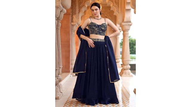 PURVAJA Embroidered Sequinned Lehenga with Unstitched Blouse + Dupatta (Navy/Gold)