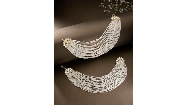 Peora White Gold‑Plated Classic Pearl & Kundan Ear Chain (1‑Year Warranty)
