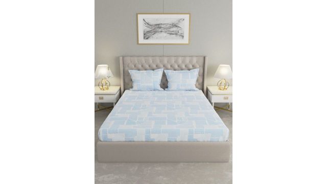 Raymond Home Blue & White Geometric 200 TC Queen Bedsheet