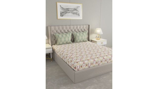 Raymond Home White & Yellow Geometric Cotton 120 TC Double Queen Bedsheet Set