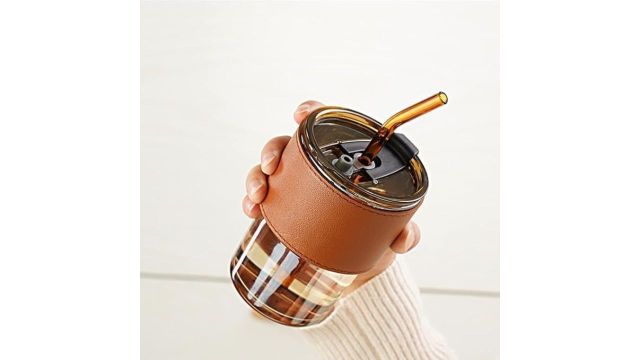 Reusable Glass Coffee Sipper Mug with Lid & Straw (380 ml)