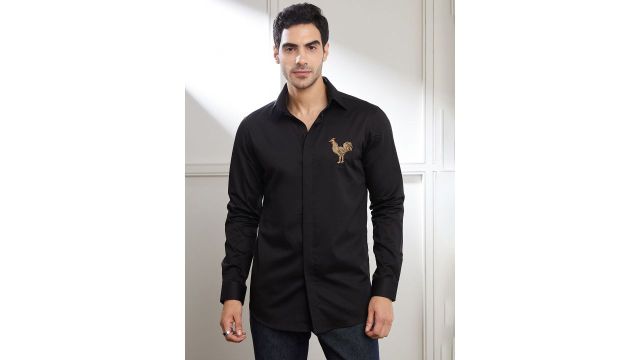 SEVENDC Men Premium Casual Rooster Crest Shirt (Black, Long Sleeves)