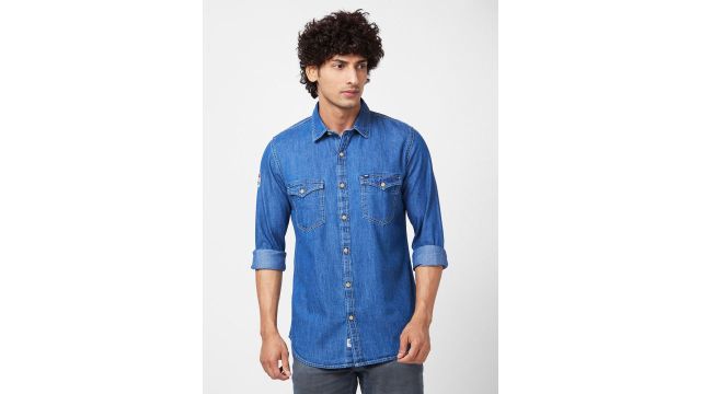 SPYKAR Graphic Printed Slim Fit Opaque Denim Casual Shirt