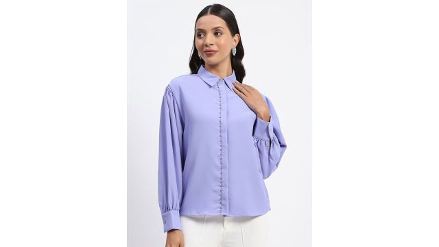 Spread Collar Solid Casual Shirt (Blue, Curved Hem)