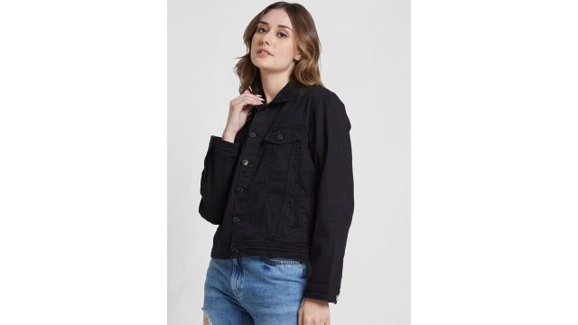 Spread‑Collar Denim Jacket with Embroidery (Black)
