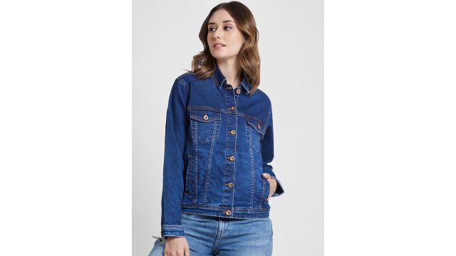 Spread‑Collar Denim Jacket with Embroidery (Blue)