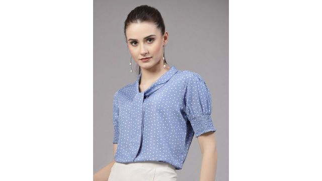 Style Quotient Polka Dots Printed Smocked Tie-Up Collar Puff Sleeves Top