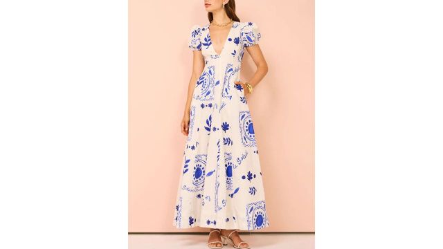 StyleCast x Revolte Printed Puff Sleeve Chiffon A-Line Maxi Dress