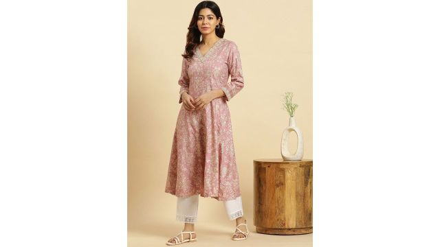 W for Women Floral Printed Thread Work Kurta