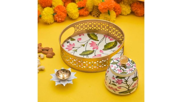 Webelkart Premium Metal Pichwai Tray with Steel Jar and Lotus Brass Diya for Diwali