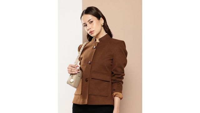 her by invictus Mandarin Collar Crop Overcoat (Brown)