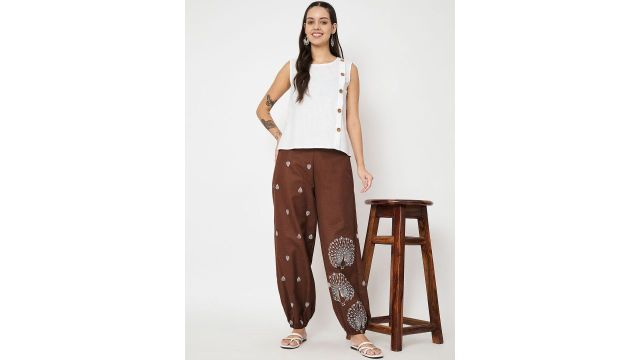 9rasa Women Pure Cotton Printed Mid‑Rise Loose Fit Harem Pants (Brown)