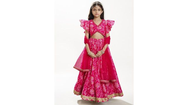 Bandhani Printed Lehenga & Blouse with Dupatta (Pink/Yellow)