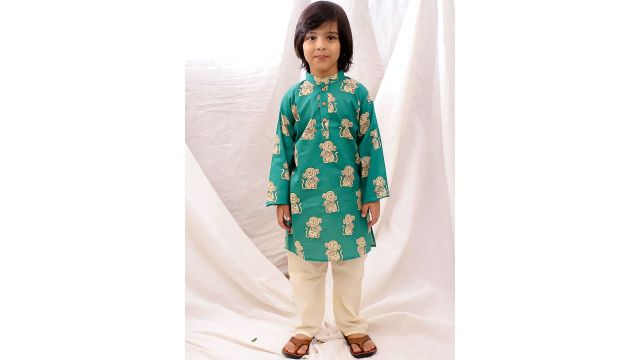 BownBee Boys Quirky Printed Cotton Kurta with Pyjama (Green)