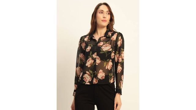 Chemistry Women Premium Floral Semi‑Sheer Party Shirt (Black)