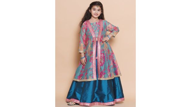 Floral Printed Lehenga & Blouse with Shrug (Blue/Pink)