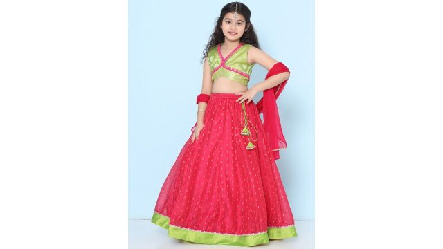 Floral Woven Design Lehenga & Blouse with Dupatta (Pink/Green)