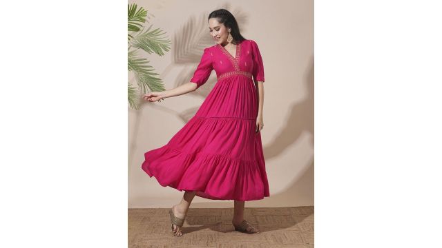 Globus Embroidered V-Neck Puff Sleeves Gathered & Tiered A-Line Midi Festive Dress