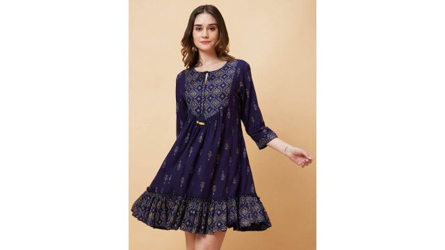Globus Ethnic Motifs Print Tiered A-Line Fusion Dress